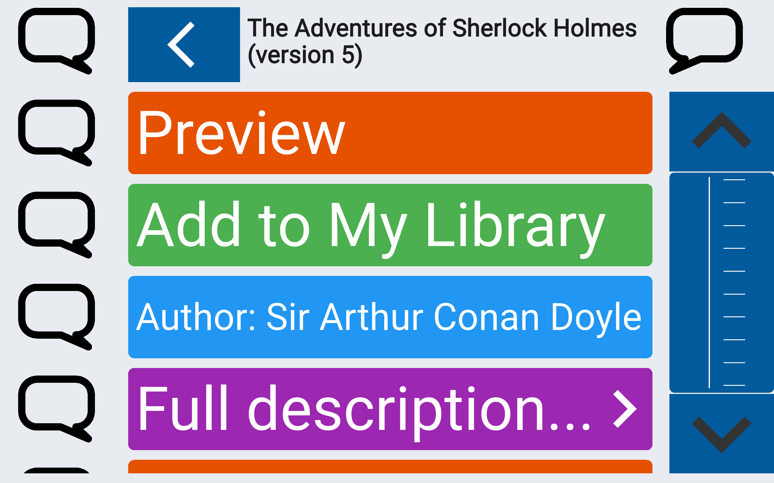 Book details in the Colourful theme: Preview, Add to My Library and Full description are full-width buttons about a fifth of the screen tall, with large scroll buttons on the right