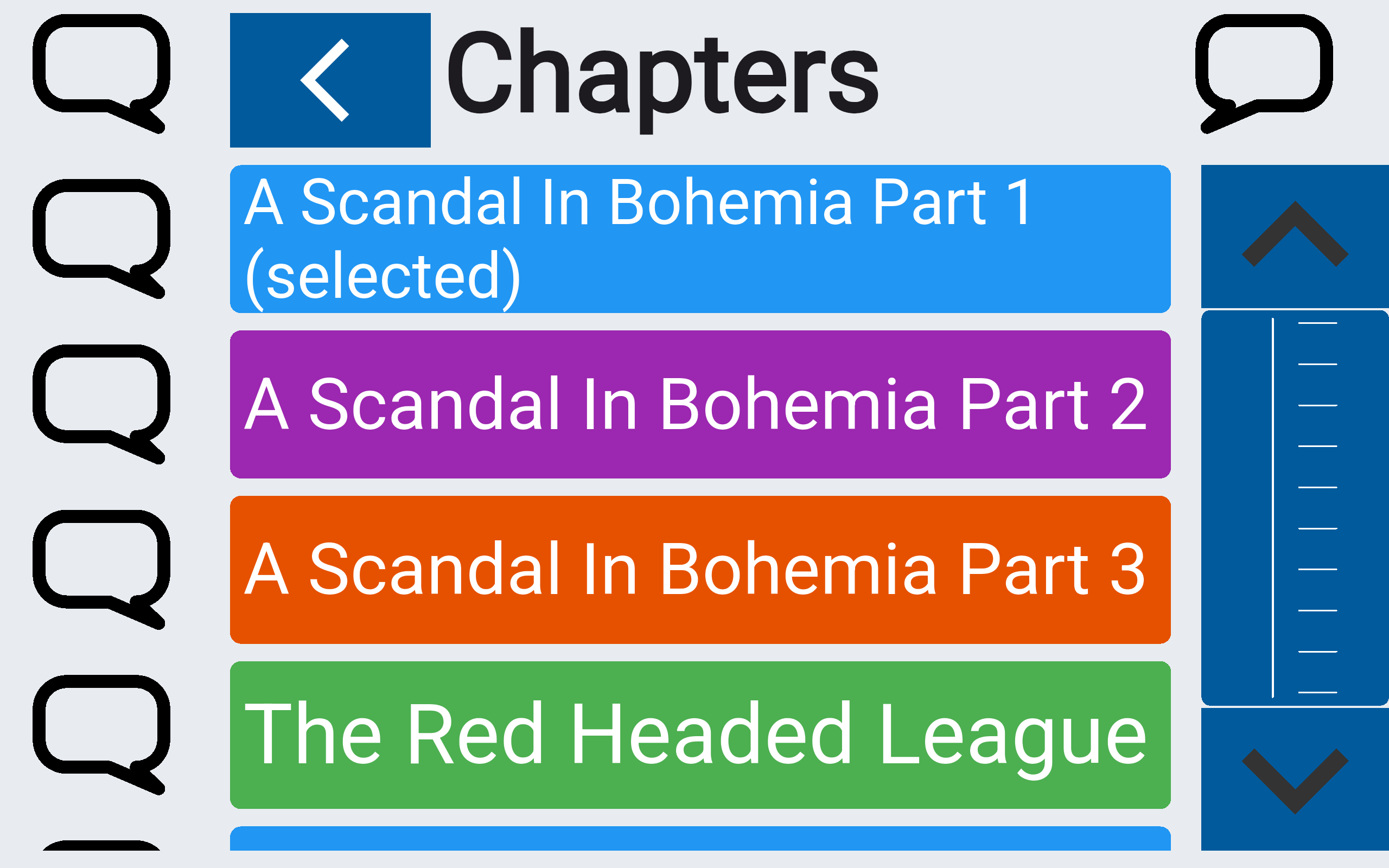 Chapters in the Colourful theme: each chapter is one full-colour row, starting with A Scandal In Bohemia Part 1 (selected), so one tap takes you straight there