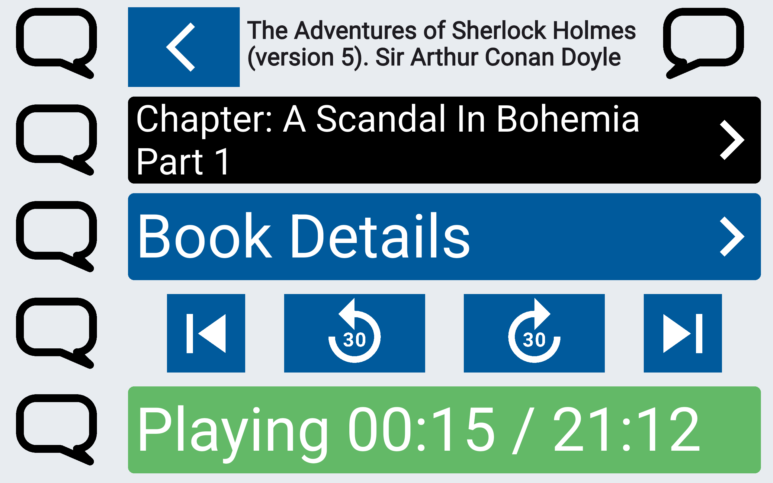 The Colourful theme: the same player with solid full-colour rows and white text - black for the chapter, blue for Book Details, and green for Playing 00:15 / 21:12