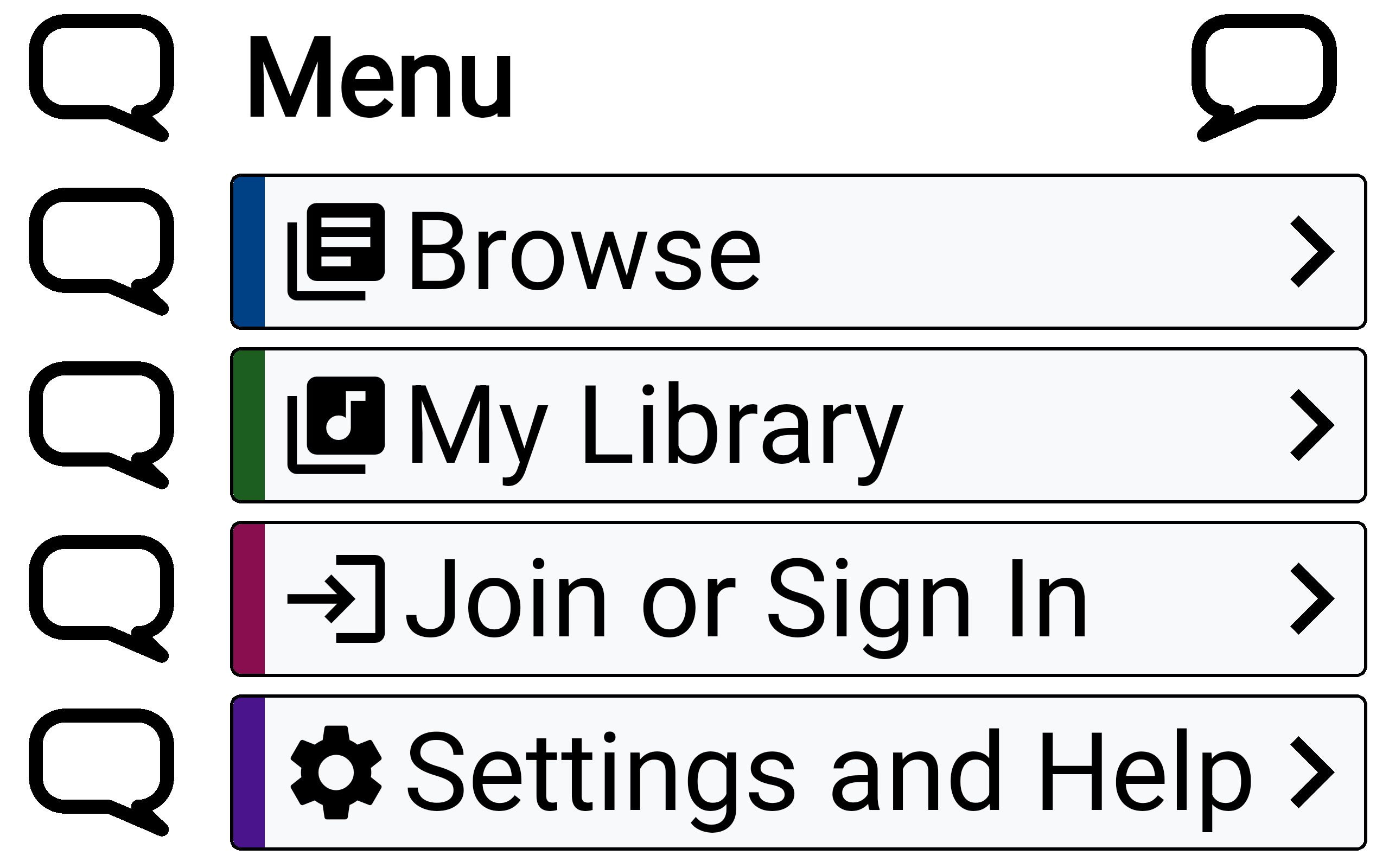 Main menu in landscape, default High Contrast theme: a speech bubble button sits beside every row - Menu, Browse, My Library, Join or Sign In, and Settings and Help - ready to read that row aloud