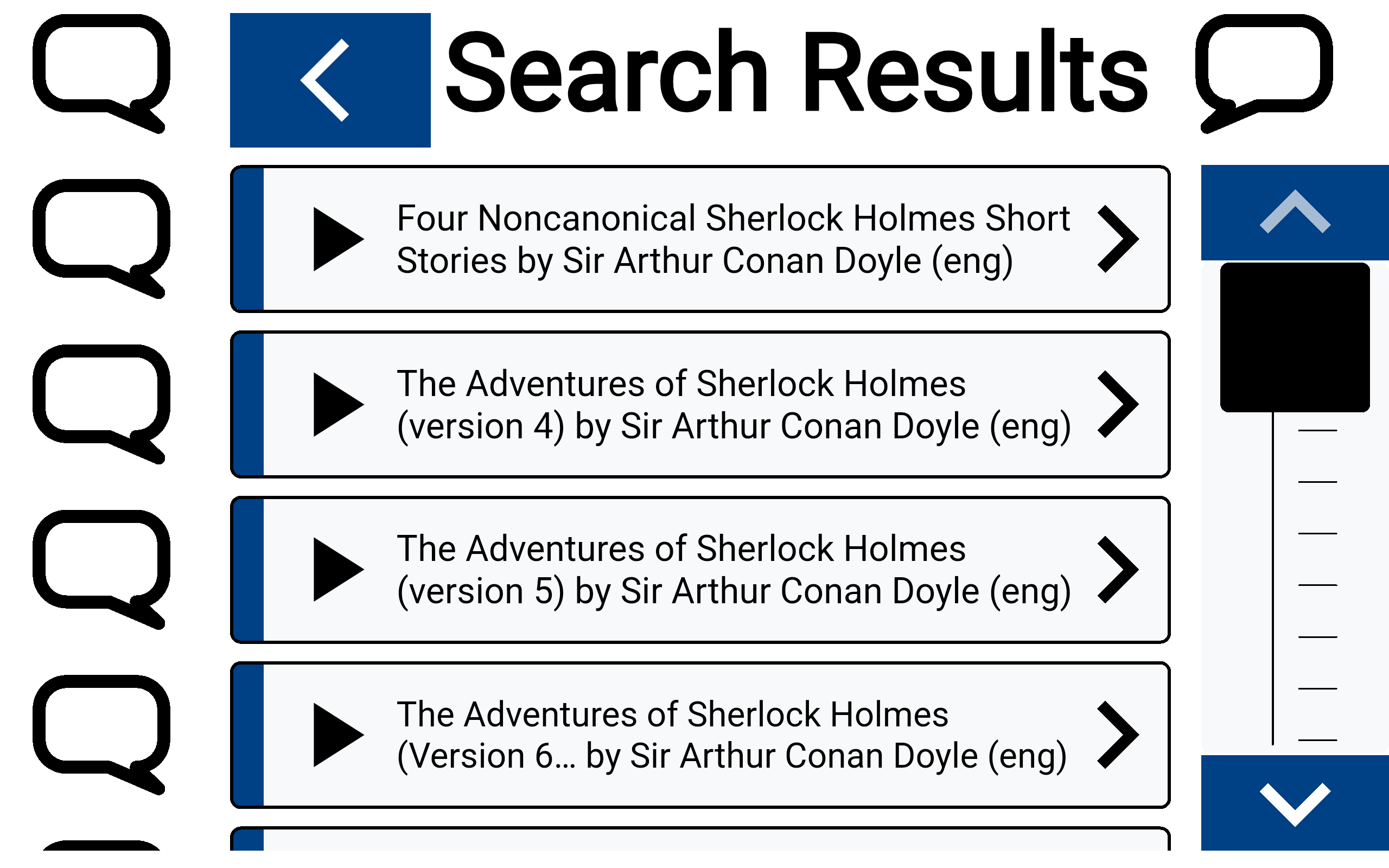 Search results for Sherlock Holmes: each book is a large, well-spaced row, with big up and down arrow buttons beside the list for scrolling