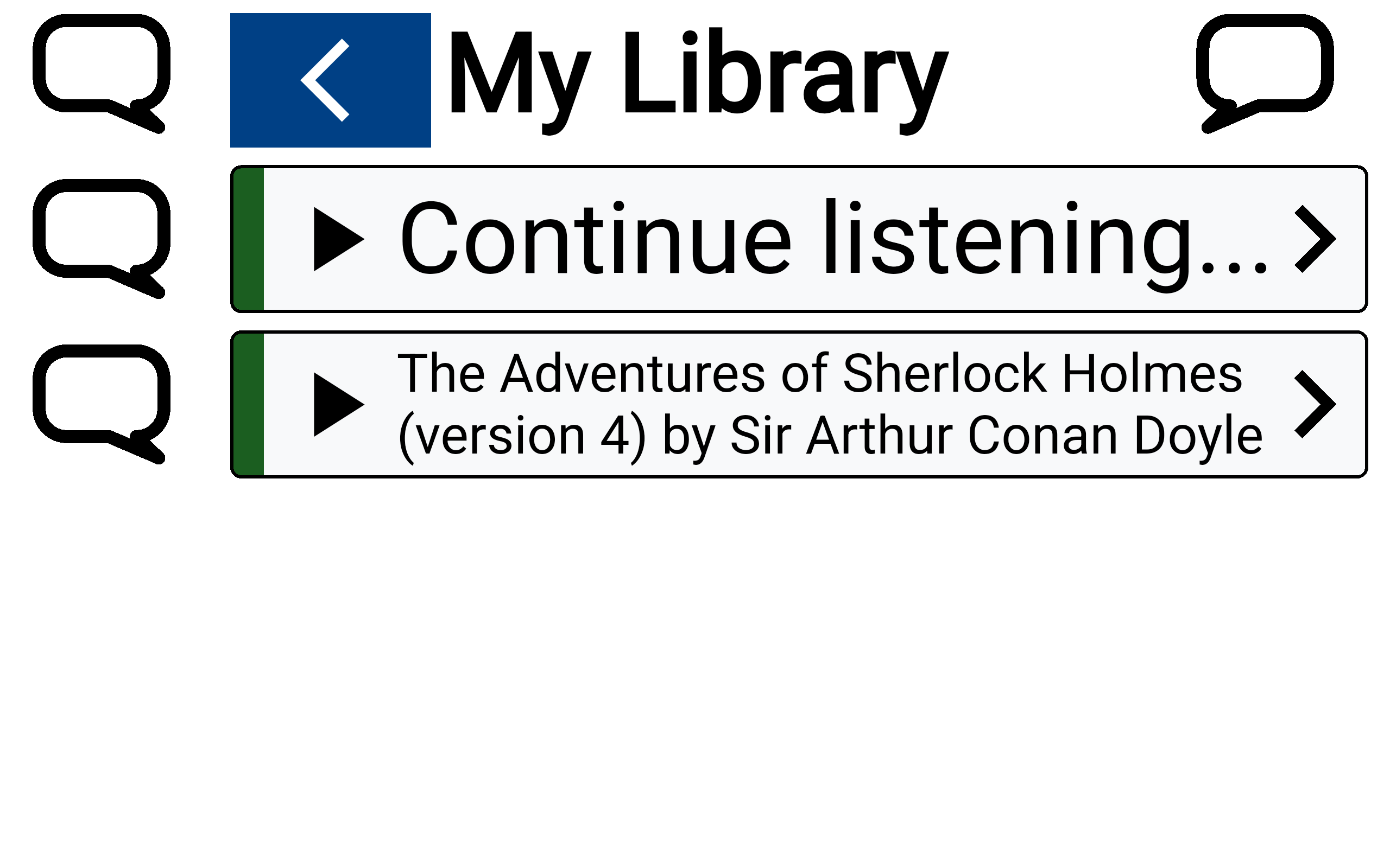 My Library: a Continue listening row above a saved book, The Adventures of Sherlock Holmes (version 4) by Sir Arthur Conan Doyle