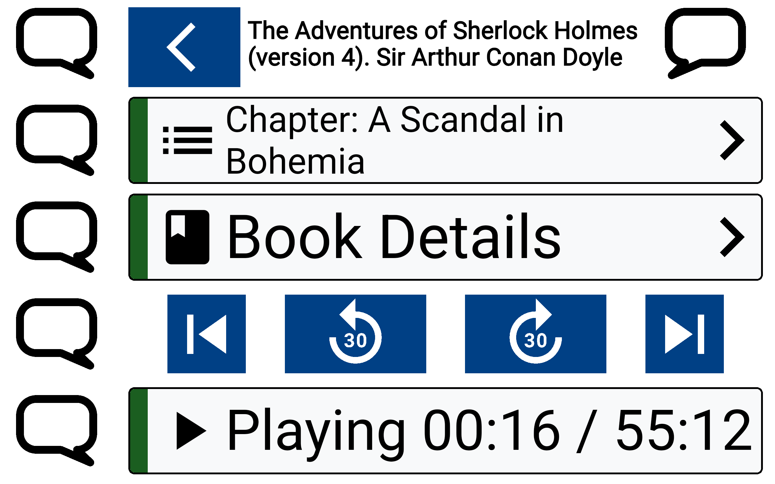 The default High Contrast theme: the player with white rows edged by a coloured bar, black text and icons, and dark blue skip buttons