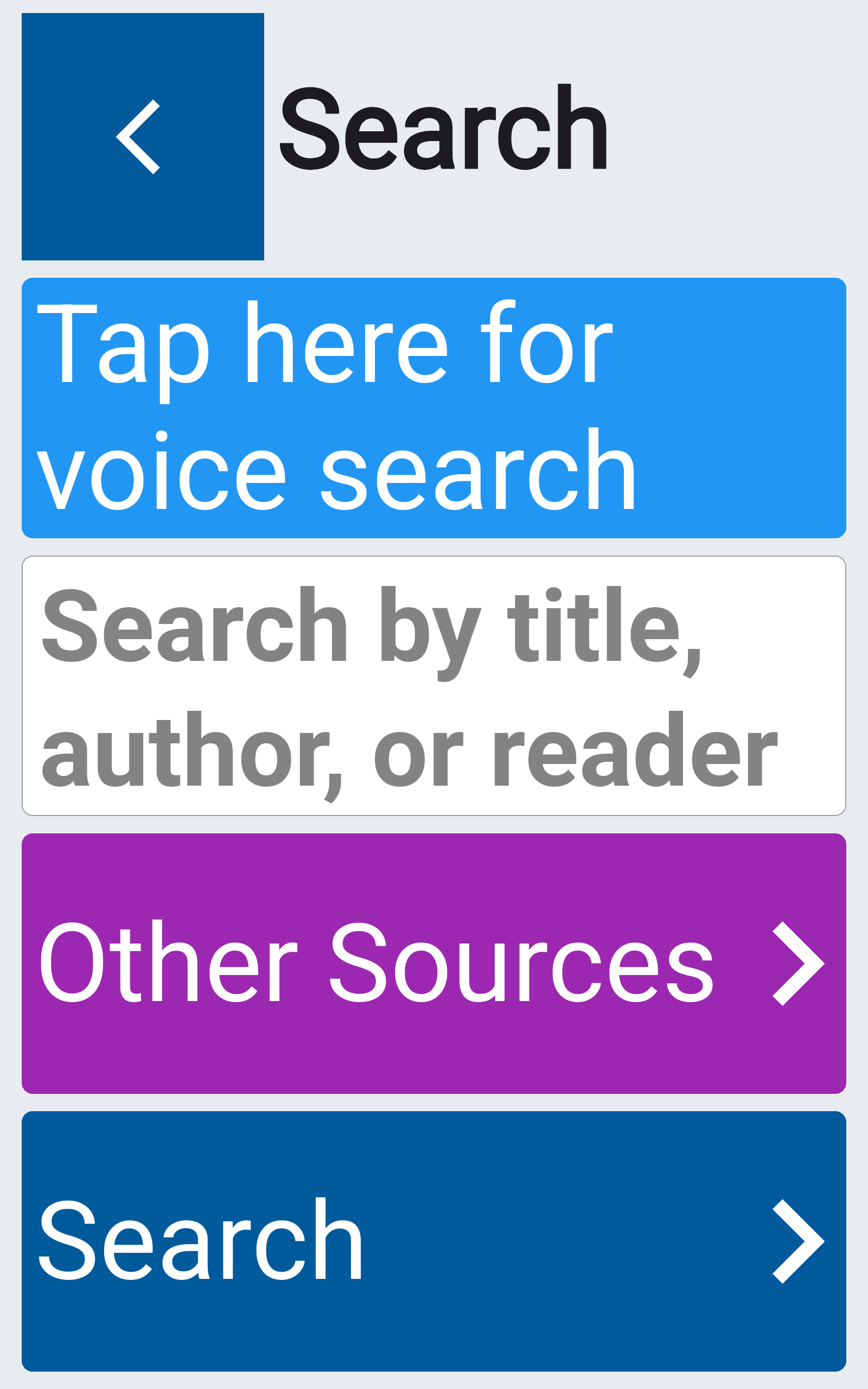 Search screen in the Colourful theme: the first and largest button says Tap here for voice search, above a box to search by title, author or reader, an Other Sources button and a Search button