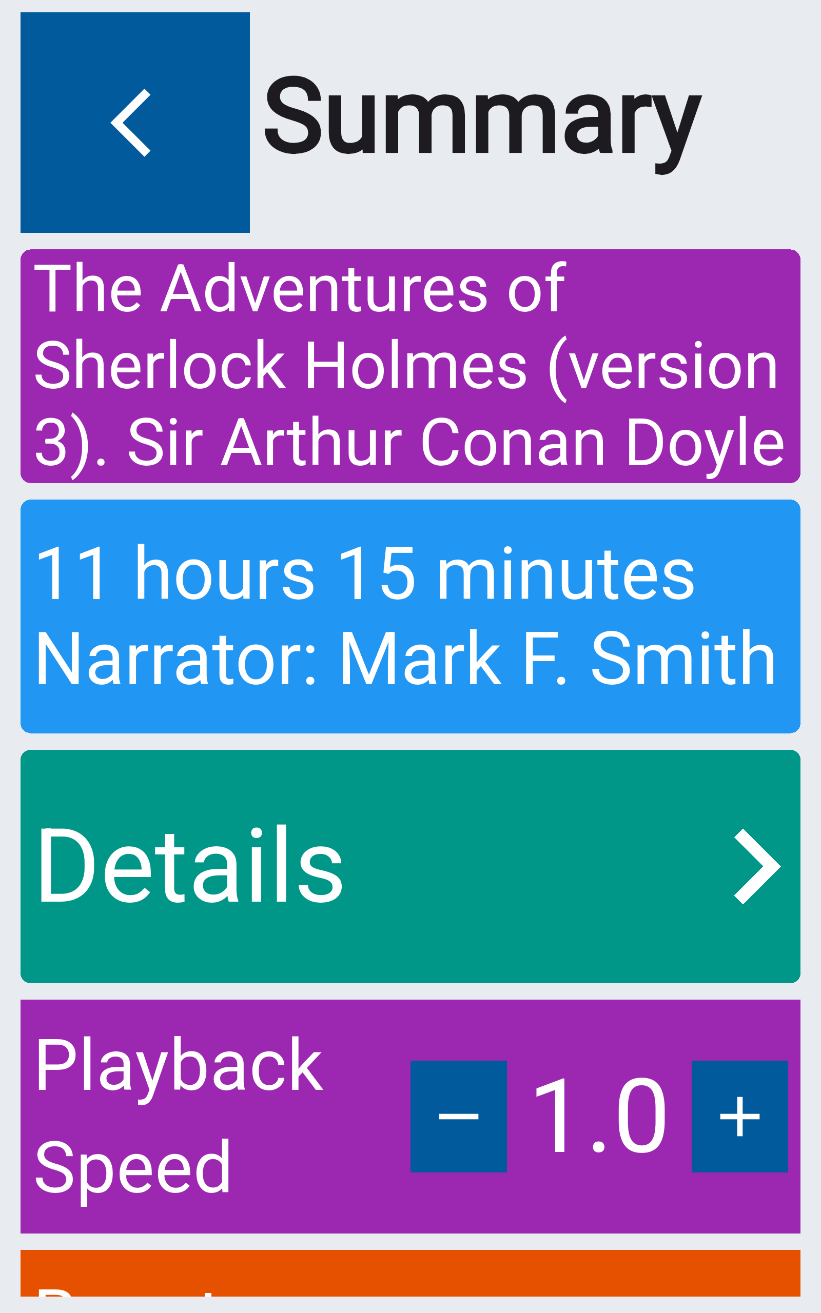 Book summary opened from the player: 11 hours 15 minutes, narrated by Mark F. Smith, a Details button, and Playback Speed set to 1.0 with large minus and plus buttons