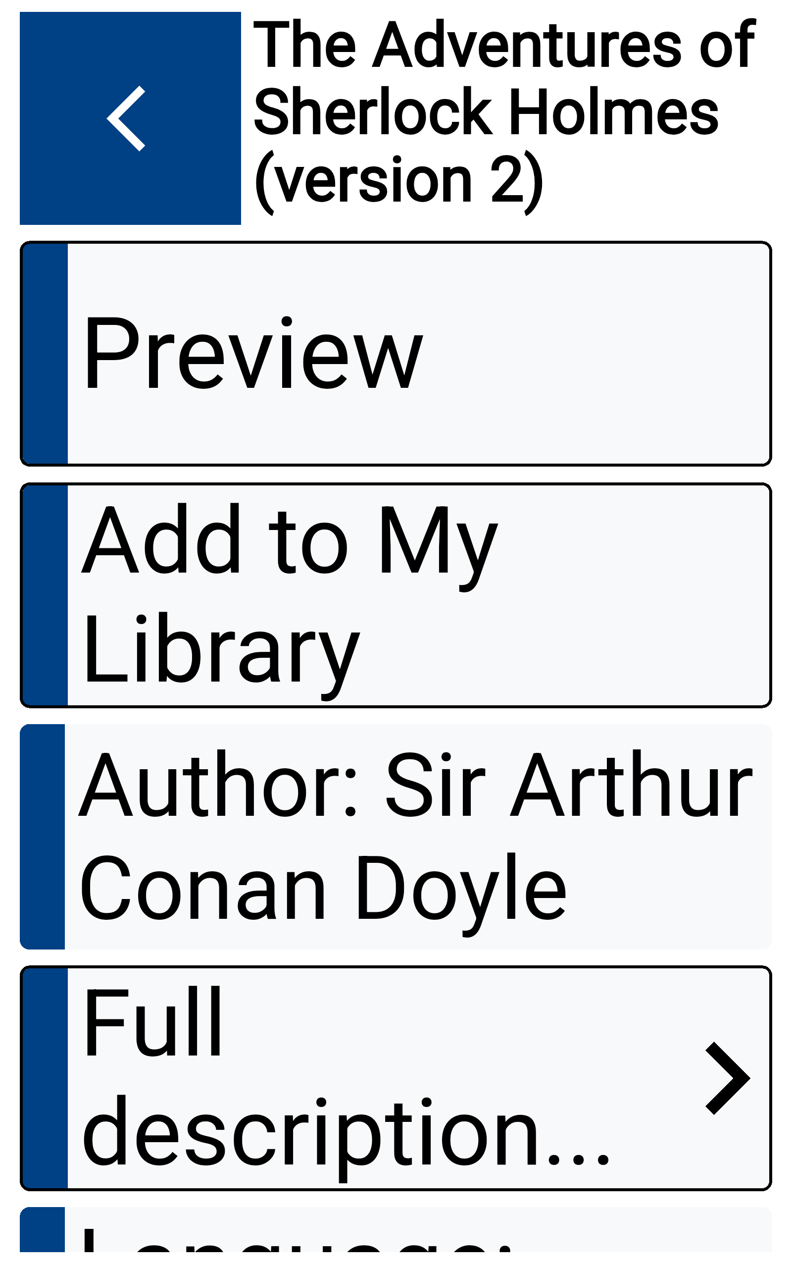 Book details for The Adventures of Sherlock Holmes in very large text: Preview, Add to My Library, Author: Sir Arthur Conan Doyle, and Full description each fill a full-width row