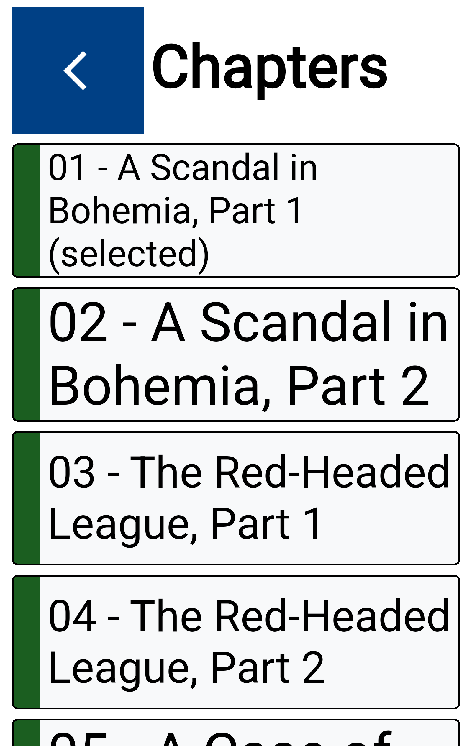 Chapters list in the High Contrast theme: every chapter is a large row named in plain text, and the current one is labelled (selected) in words, not by colour alone